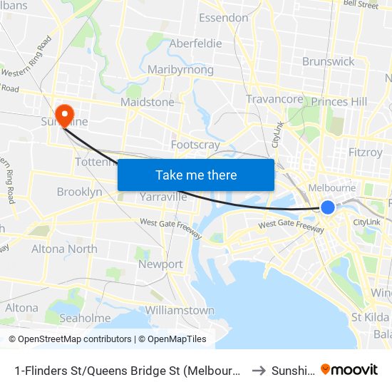 1-Flinders St/Queens Bridge St (Melbourne City) to Sunshine map