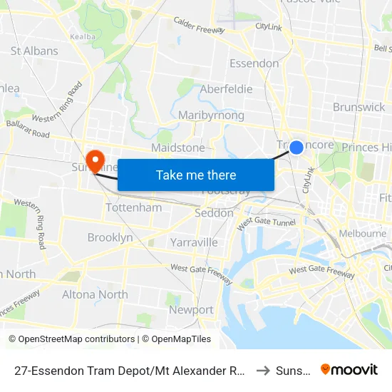 Essendon Tram Depot/Mt Alexander Rd #27 to Sunshine map