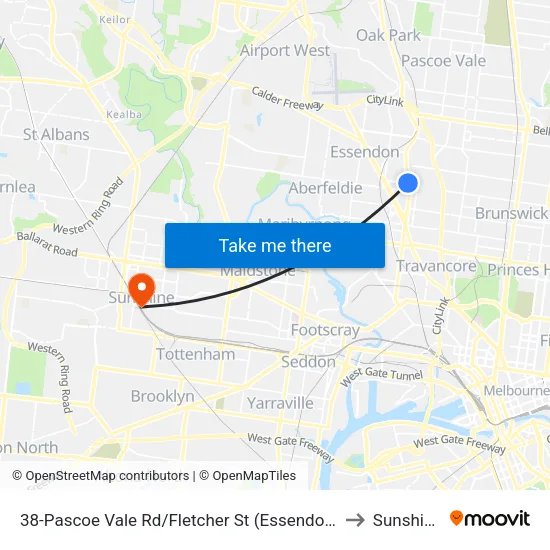 Pascoe Vale Rd/Fletcher St #38 to Sunshine map