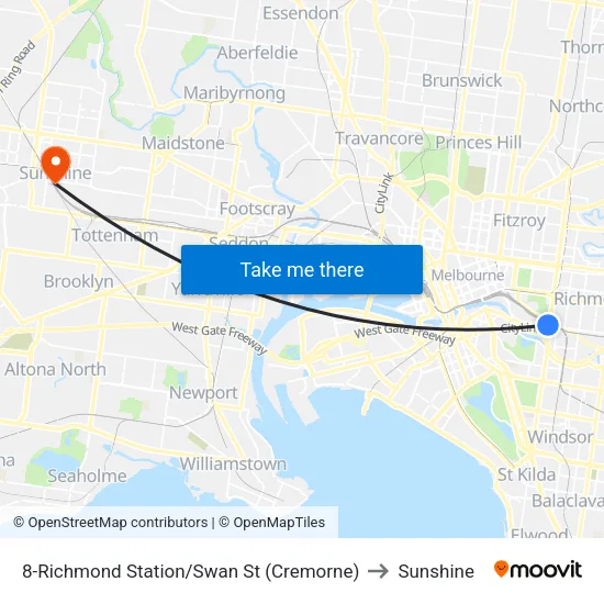 Richmond Station/Swan St #8 to Sunshine map