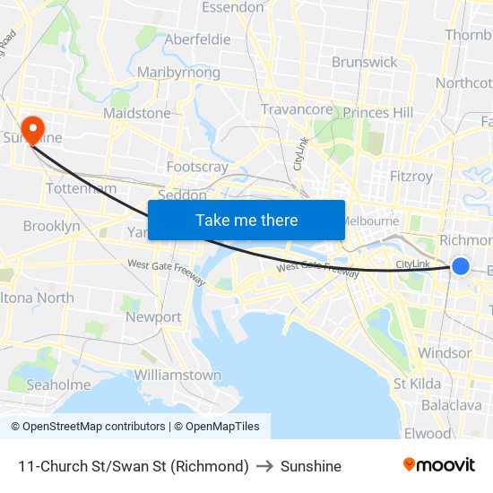 11-Church St/Swan St (Richmond) to Sunshine map