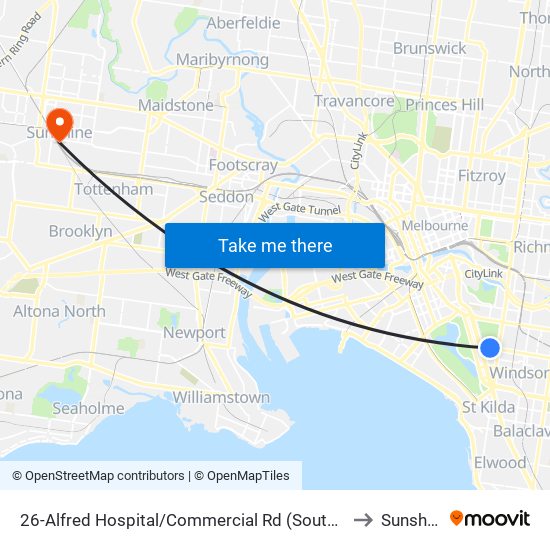 26-Alfred Hospital/Commercial Rd (South Yarra) to Sunshine map