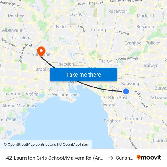 42-Lauriston Girls School/Malvern Rd (Armadale) to Sunshine map