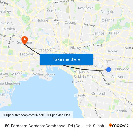 50-Fordham Gardens/Camberwell Rd (Camberwell) to Sunshine map