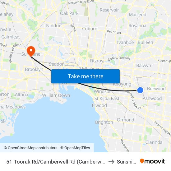 51-Toorak Rd/Camberwell Rd (Camberwell) to Sunshine map