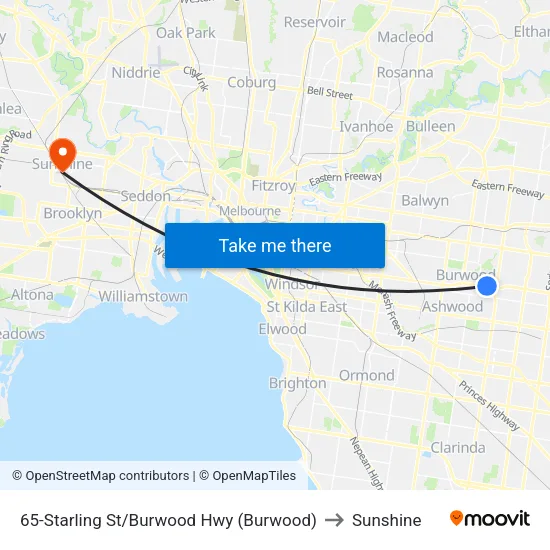 Starling St/Burwood Hwy #65 to Sunshine map