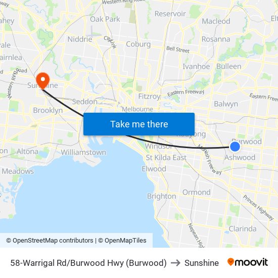 58-Warrigal Rd/Burwood Hwy (Burwood) to Sunshine map