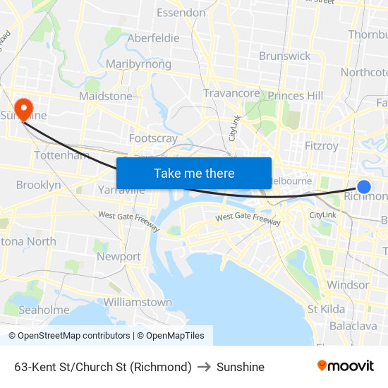 63-Kent St/Church St (Richmond) to Sunshine map