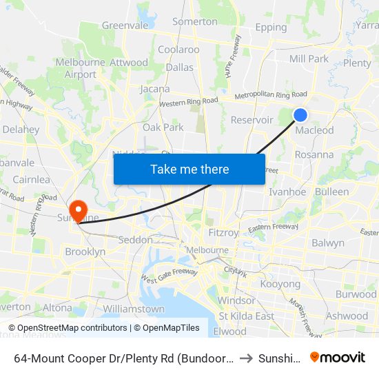 64-Mount Cooper Dr/Plenty Rd (Bundoora) to Sunshine map