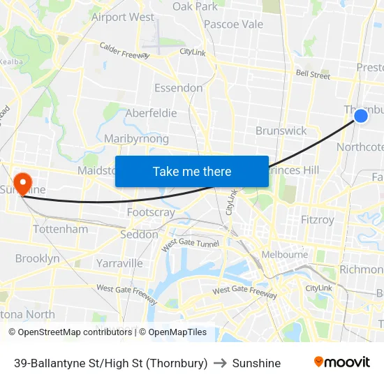 Ballantyne St/High St #39 to Sunshine map