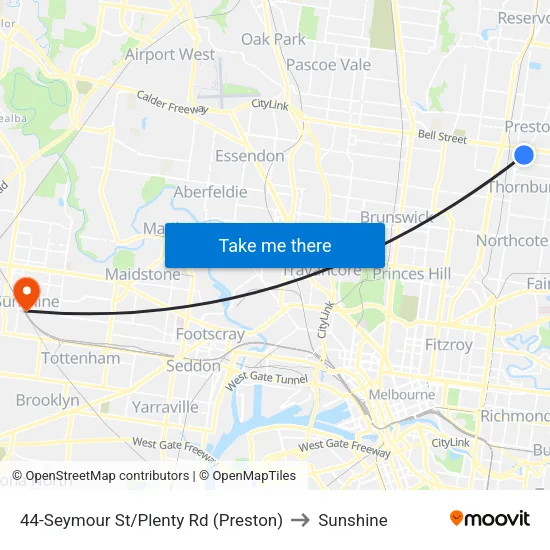 Seymour St/Plenty Rd #44 to Sunshine map