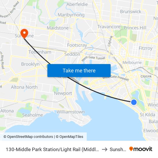 130-Middle Park Station/Light Rail (Middle Park) to Sunshine map