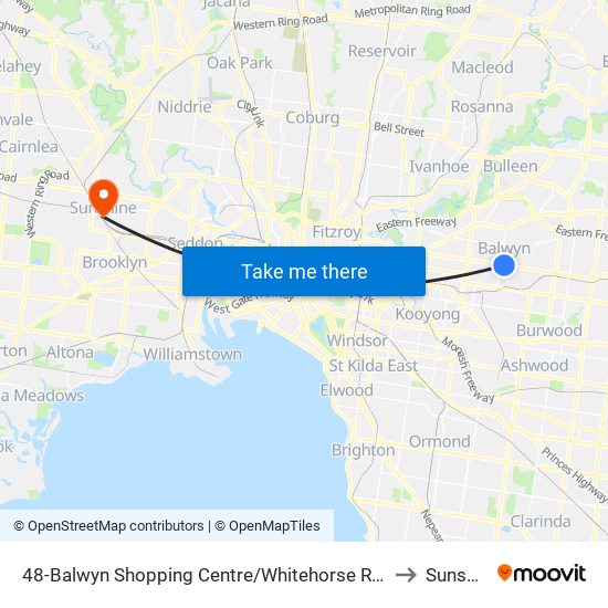 48-Balwyn Shopping Centre/Whitehorse Rd (Balwyn) to Sunshine map