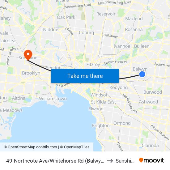 49-Northcote Ave/Whitehorse Rd (Balwyn) to Sunshine map