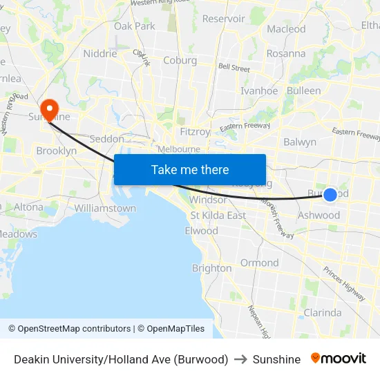 Deakin University/Holland Ave to Sunshine map