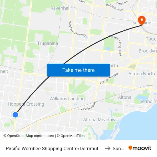 Pacific Werribee Shopping Centre/Derrimut Rd to Sunshine map