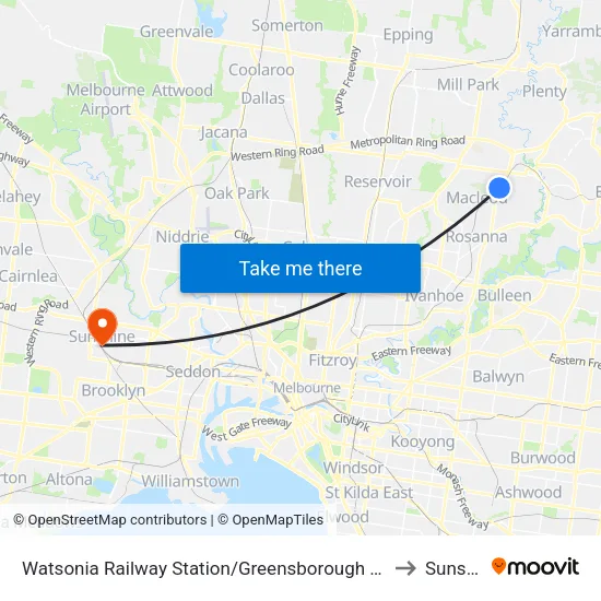 Watsonia Station/Greensborough Hwy to Sunshine map