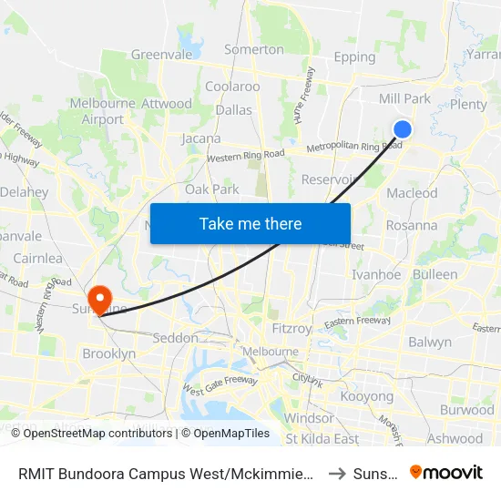 RMIT Bundoora Campus West/Mckimmies Rd to Sunshine map