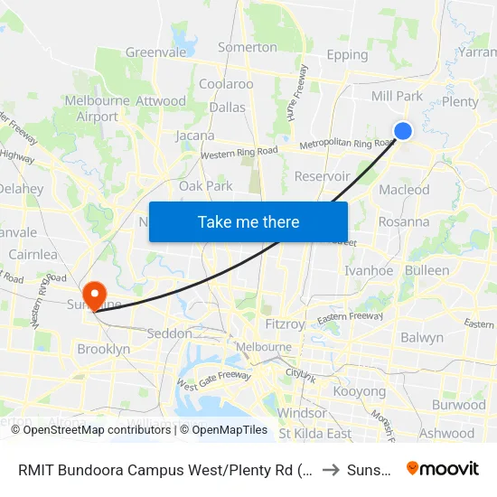 RMIT Bundoora Campus West/Plenty Rd to Sunshine map