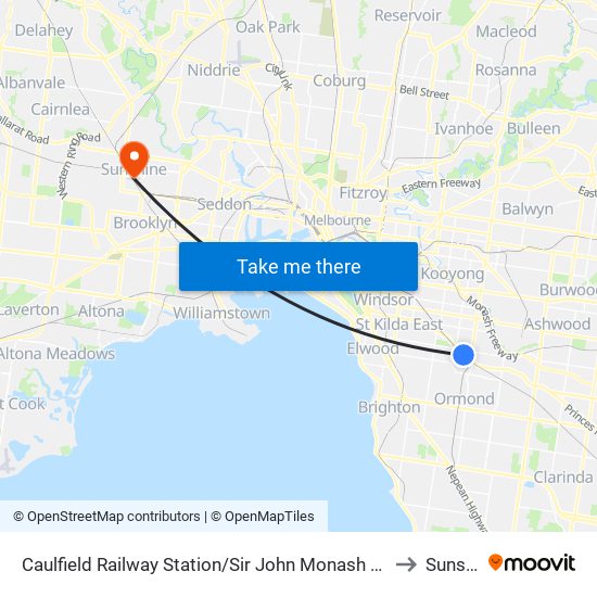 Caulfield Railway Station/Sir John Monash Dr (Caulfield East) to Sunshine map