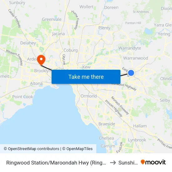 Ringwood Station/Maroondah Hwy to Sunshine map