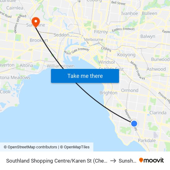 Southland Shopping Centre/Karen St (Cheltenham) to Sunshine map