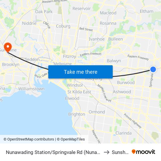 Nunawading Railway Station/Springvale Rd (Nunawading) to Sunshine map