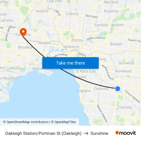 Oakleigh Station/Portman St to Sunshine map