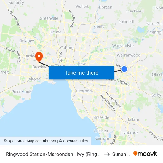Ringwood Station/Maroondah Hwy to Sunshine map