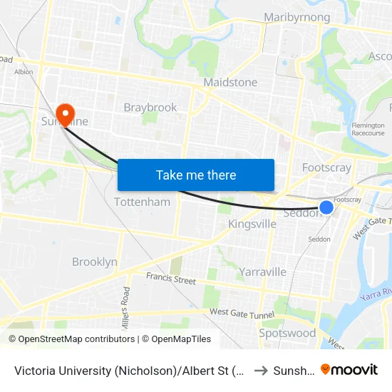 Victoria University/Albert St to Sunshine map
