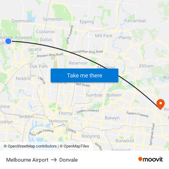 Melbourne Airport to Donvale map