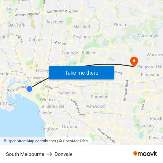South Melbourne to Donvale map
