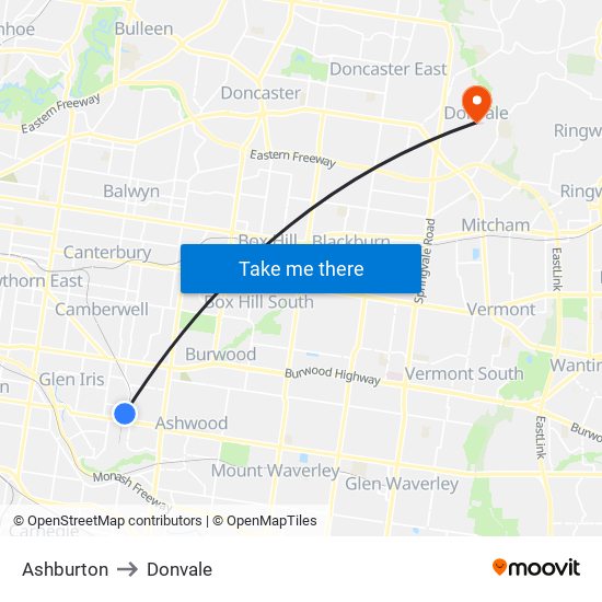 Ashburton to Donvale map