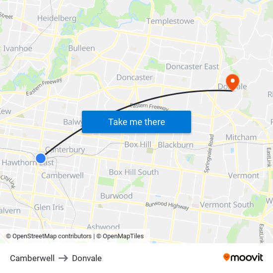 Camberwell to Donvale map