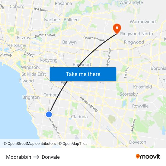 Moorabbin to Donvale map