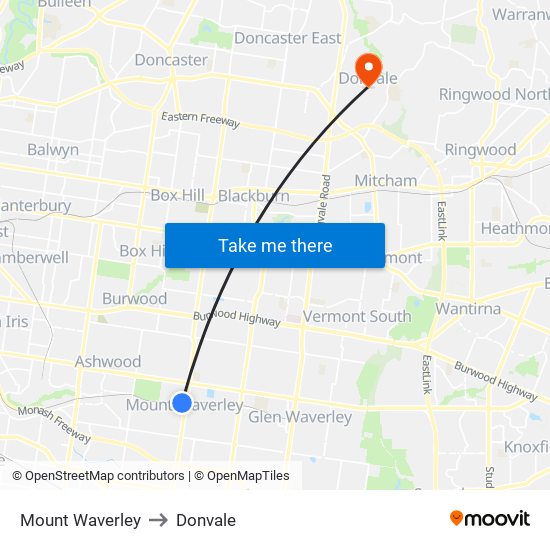 Mount Waverley to Donvale map