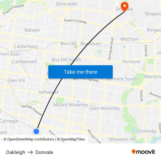 Oakleigh to Donvale map