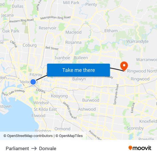 Parliament to Donvale map