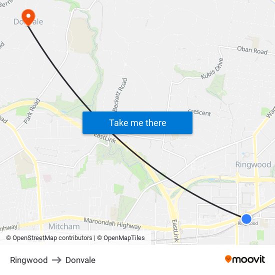 Ringwood to Donvale map