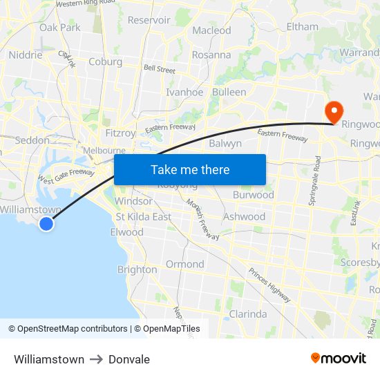 Williamstown to Donvale map