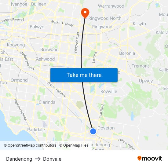 Dandenong to Donvale map
