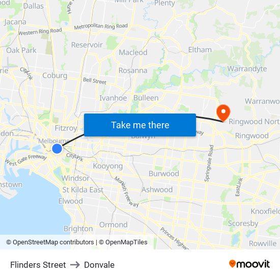 Flinders Street to Donvale map