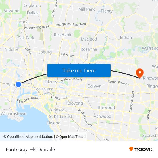 Footscray to Donvale map