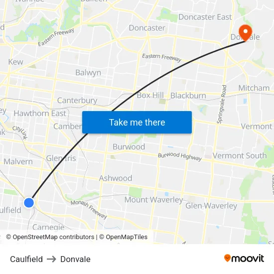 Caulfield to Donvale map