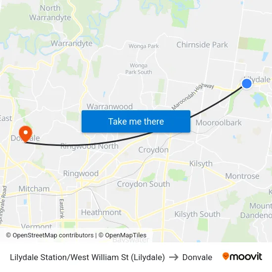 Lilydale Station/West William St to Donvale map