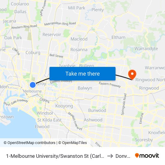 1-Melbourne University/Swanston St (Carlton) to Donvale map