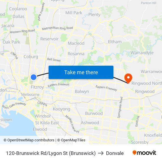 120-Brunswick Rd/Lygon St (Brunswick) to Donvale map