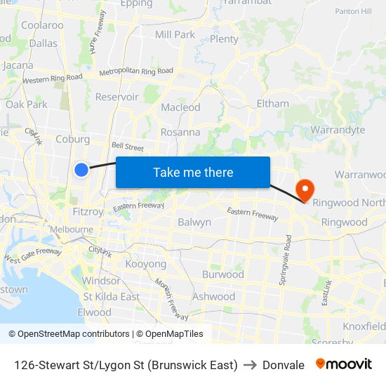 126-Stewart St/Lygon St (Brunswick East) to Donvale map