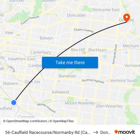 56-Caulfield Racecourse/Normanby Rd (Caulfield North) to Donvale map