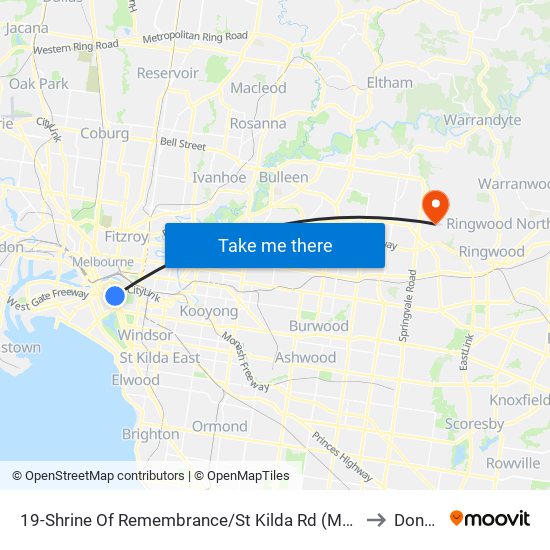19-Shrine Of Remembrance/St Kilda Rd (Melbourne City) to Donvale map